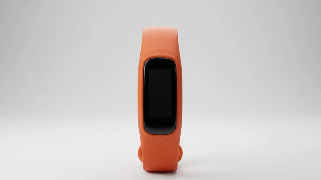 A rendered orange fitness band standing upright in a studio.