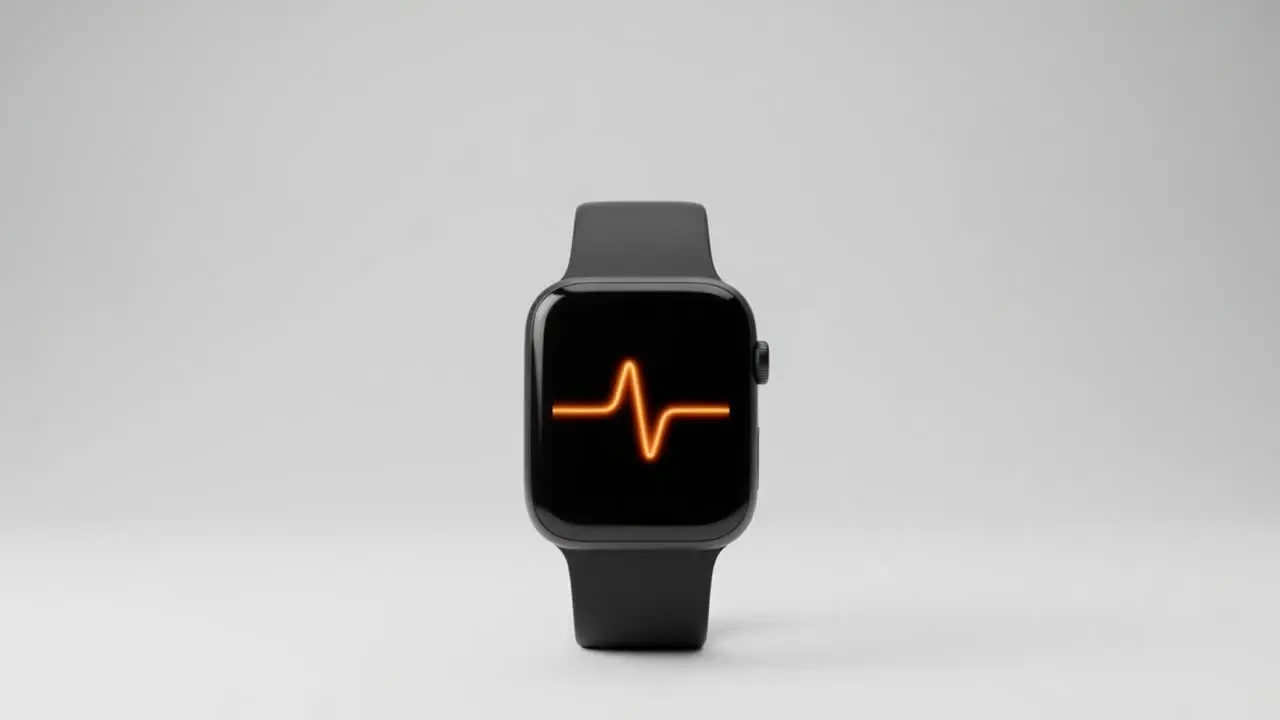 A black smartwatch on a plain ground, a waveform on its display.