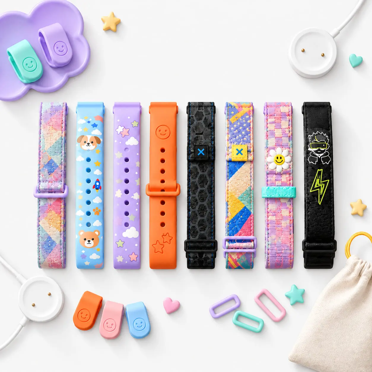 Eight patterned and plain watch straps laid in a row on a white surface, with charging pucks, clips, loops and a drawstring pouch around them.
