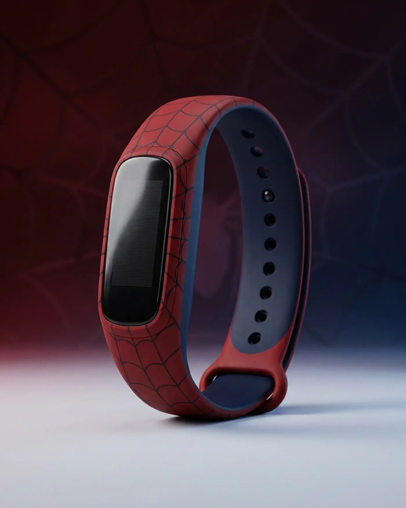 A rendered fitness band with a red and navy strap in a web pattern, on a dark red and blue ground.