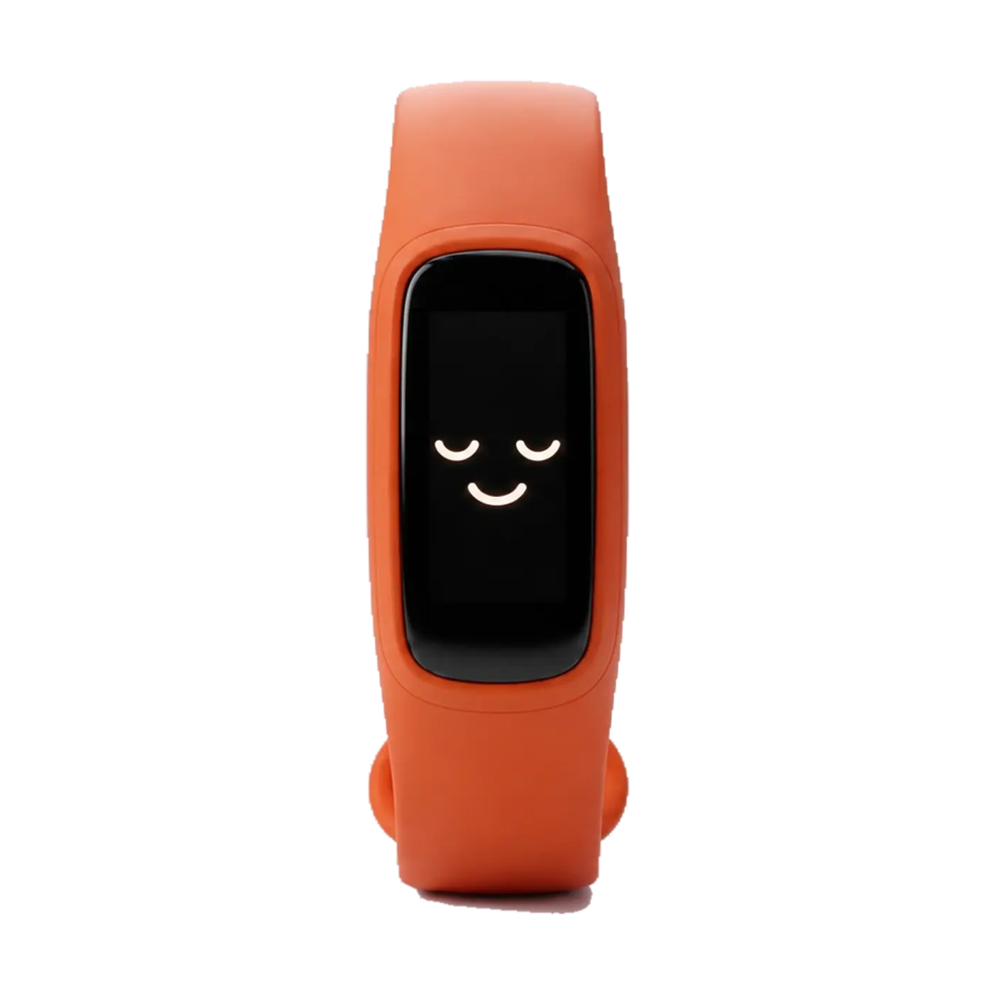A rendered orange fitness band standing upright, a sleeping face with closed eyes on its display.
