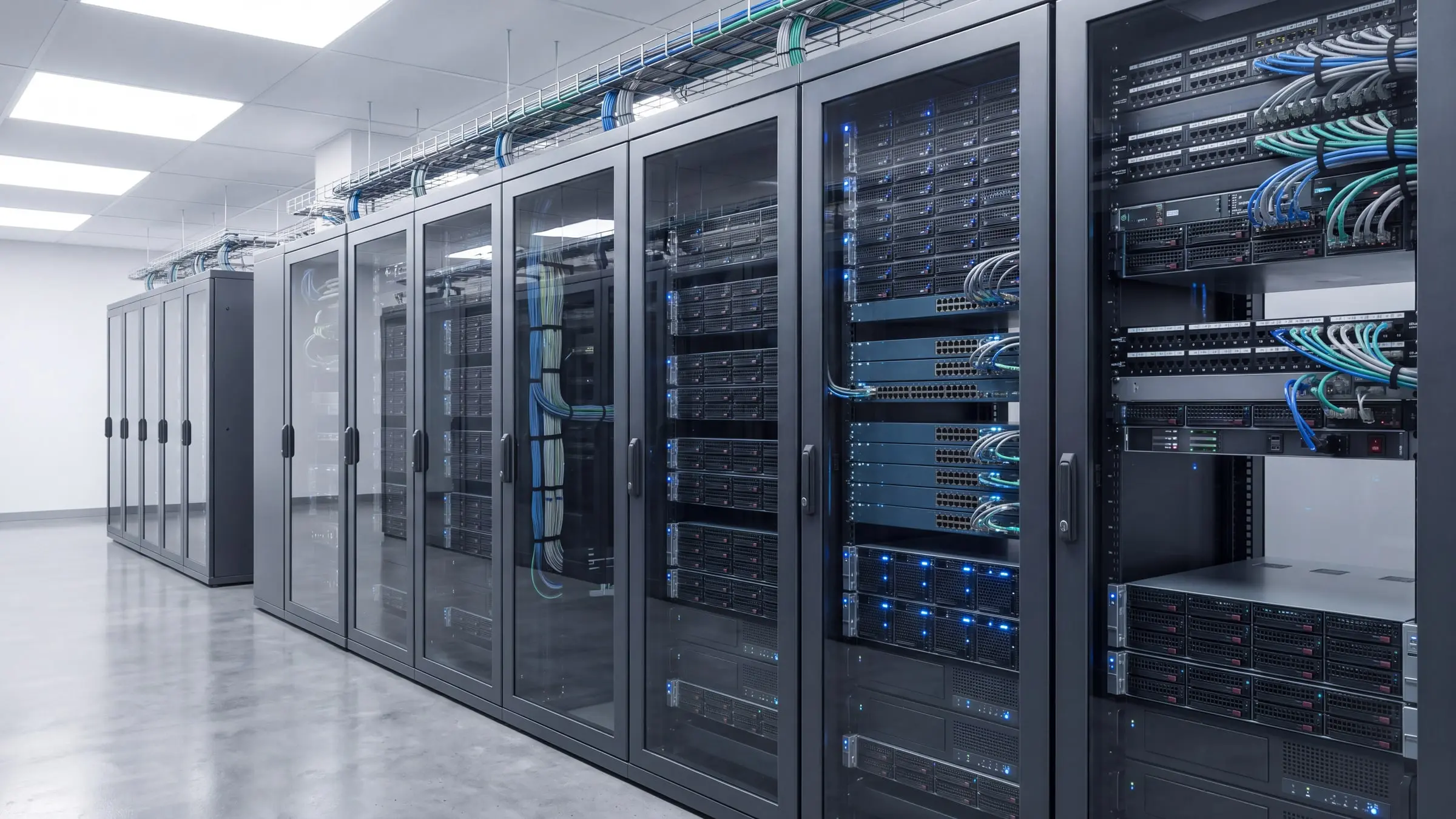 A row of server racks along a data-centre aisle.