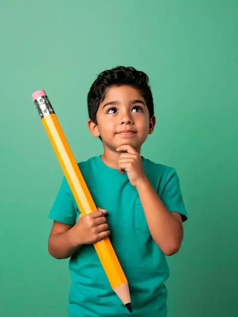 A child in a teal t-shirt holding an oversized pencil, against a green background.